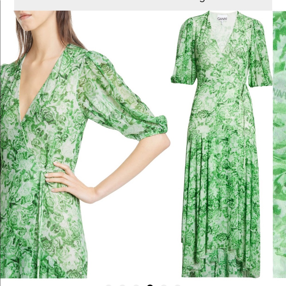 Ganni floral print mesh midi wrap dress
